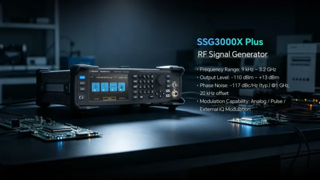 SIGLENT SSG3000X Plus RF Signal Generator in the lab SIGLENT SSG3000X Plus RF signal generator on an electronics lab bench, 9 kHz to 3.2 GHz